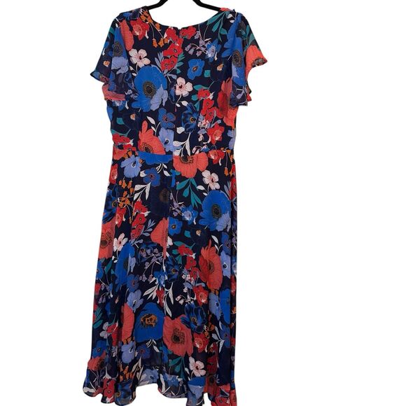 Lane Bryant Faux Wrap Midi Dress Navy Orange Ruffle Flutter Sleeve Size 16 - Picture 4 of 10